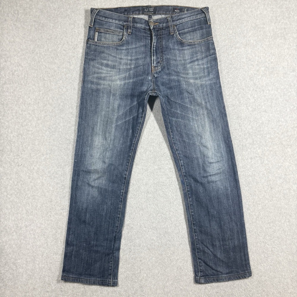 Armani Jeans Men 32x28 J45 Straight Leg Stretch Denim Faded Whiskered Hemmed